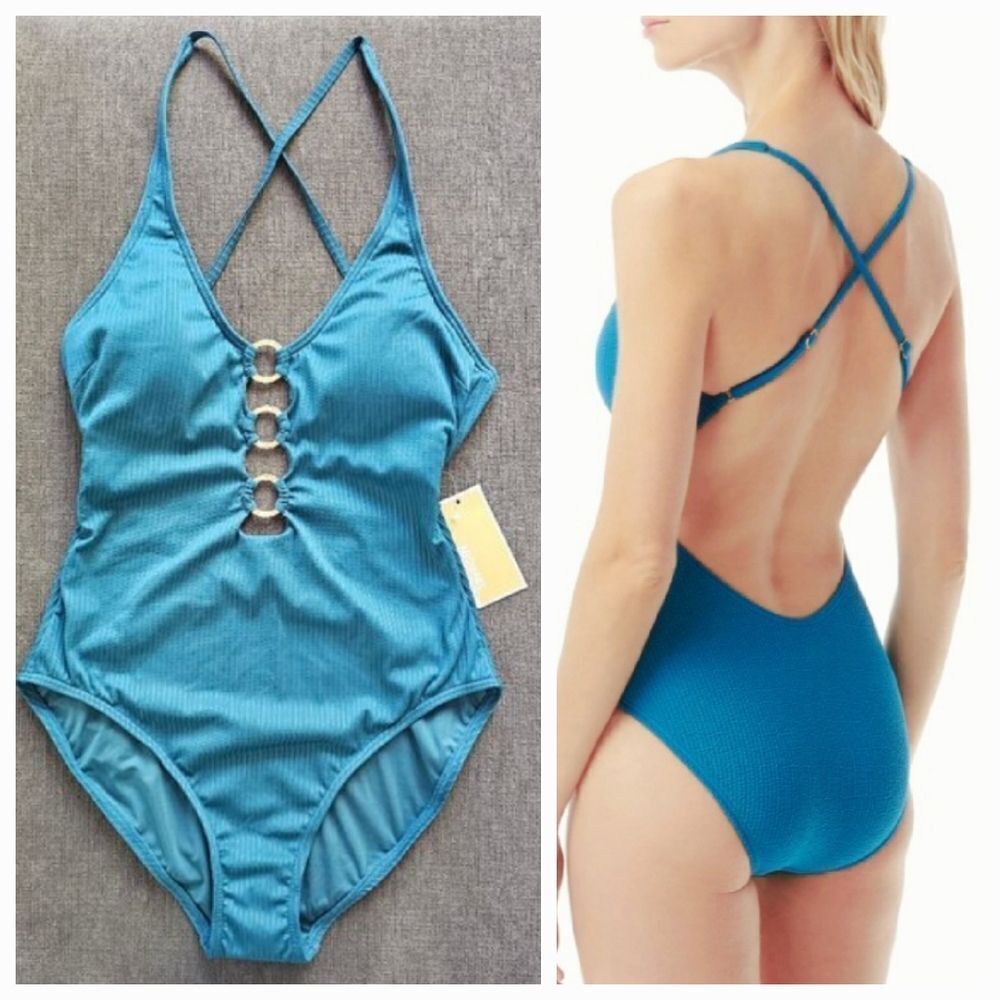 Michael Kors Gold Logo Ring Cross Back Blue / Green One Piece Swimsuit Size 8